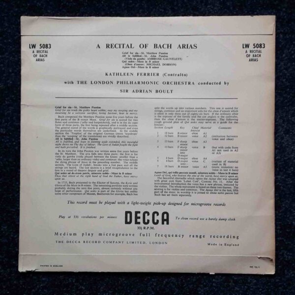 Bach, J.S.: A Recital of Bach Arias - Kathleen Ferrier, London PO, Boult | 10" Vinyl LP, Decca