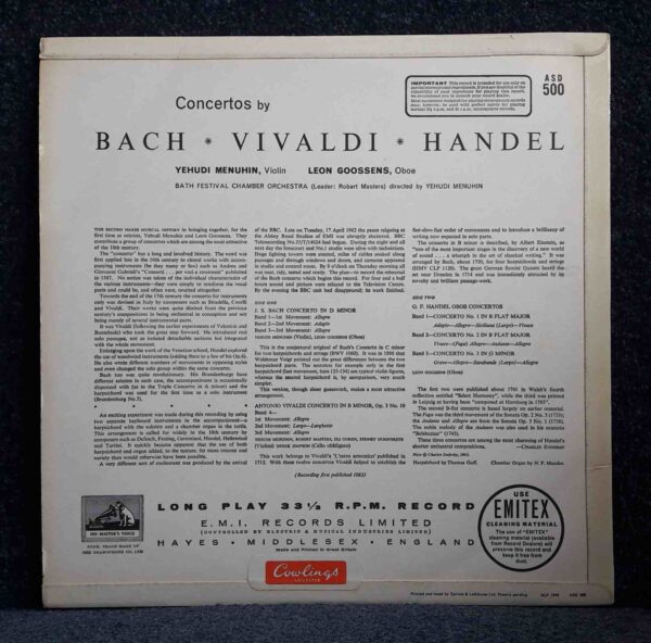 Bach, Vivaldi & Handel: Concertos - Yehudi Menuhin, Leon Goossens, Bath Festival CO, Menuhin | Vinyl LP, HMV