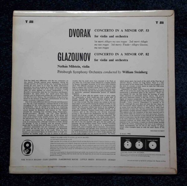 Dvorak & Glazunov: Violin Concertos - Nathan Milstein, Pittsburgh SO, Steinberg | Vinyl LP, World Record Club