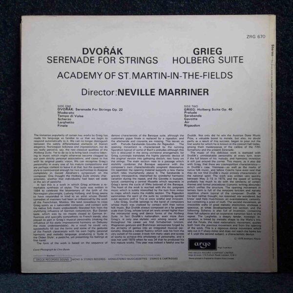 Dvorak & Grieg: Serenade for Strings; Holberg Suite - Academy of St. Martin in the Fields, Marriner | Vinyl LP, Argo