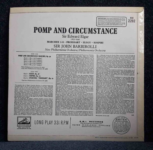 Elgar: Pomp and Circumstance Marches 1-5; Elegy; Sospiri; Froissart Overture - New PO, Philharmonia Orch, Barbirolli | Vinyl LP, HMV