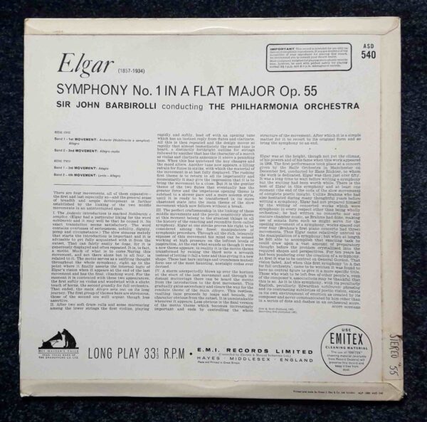 Elgar: Symphony No.1 in A. Flat Major, Op.55 - Philharmonia Orch, Barbirolli | Vinyl LP, HMV
