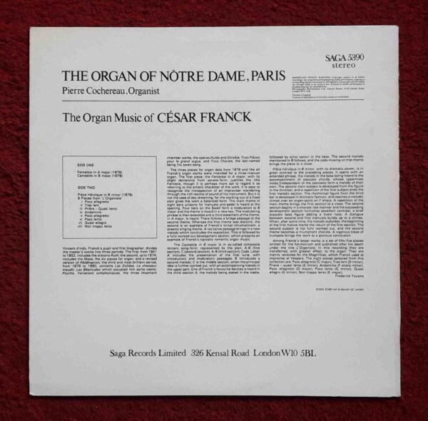 Franck: The Organ Music of Cesar Franck - Pierre Cochereau - Organ of Notre Dame, Paris | Vinyl LP, Saga