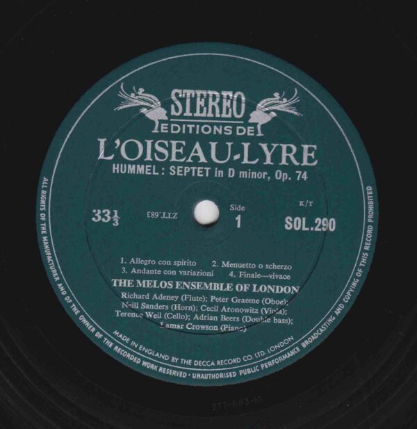 Hummel: Septet in D. Minor, Op.74; Quintet in E. Flat, Op.87 - Melos Ensemble of London | Vinyl LP, L'Oiseu-Lyre