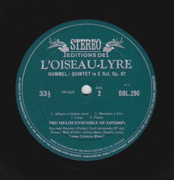 Hummel: Septet in D. Minor, Op.74; Quintet in E. Flat, Op.87 - Melos Ensemble of London | Vinyl LP, L'Oiseu-Lyre