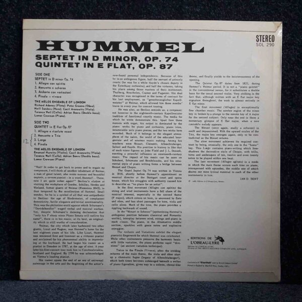 Hummel: Septet in D. Minor, Op.74; Quintet in E. Flat, Op.87 - Melos Ensemble of London | Vinyl LP, L'Oiseu-Lyre