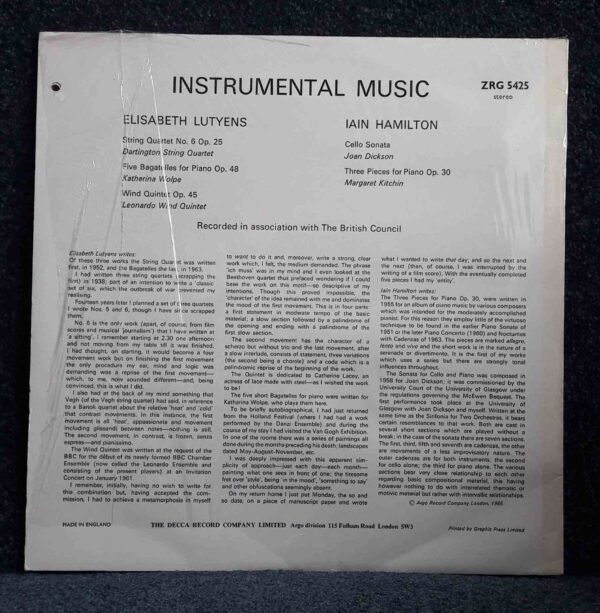 Lutyens & Hamilton: Instrumental Music - Dartington String Qt, Leonardo Wind Quintet, Joan Dickson etc | Vinyl LP, Argo
