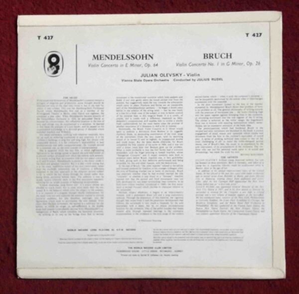 Mendelssohn & Bruch: Violin Concerto in E. Minor, Op.64; Violin Concerto in G. Minor, Op.26 - Julian Olevsky, Vienna State Opera Orch., Rudel | Vinyl LP, World Record Club