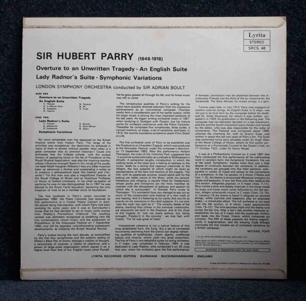 Parry: Overture to an Unwritten Tragedy; An English Suite; Lady Radnor's Suite etc - London SO, Boult | Vinyl LP, Lyrita