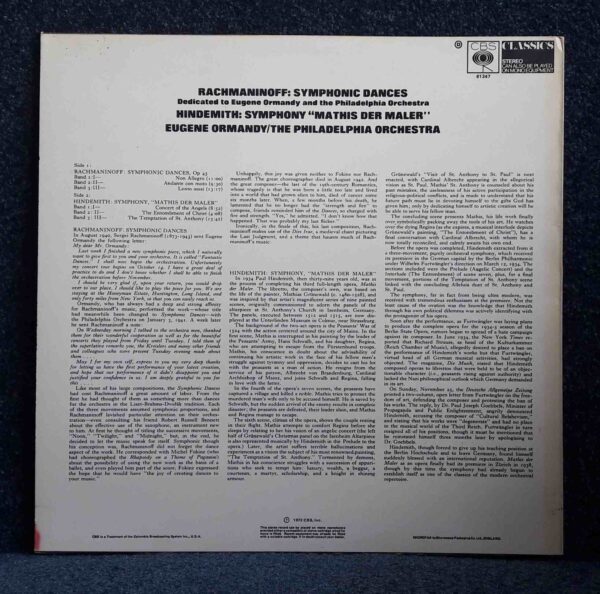 Rachmaninov & Hindemith: Symphonic Dances; Symphony "Mathis Der Maler" - Philadelphia Orch., Ormandy | Vinyl LP, CBS