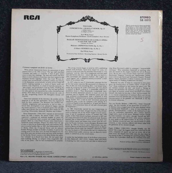 Scharwenka: Concerto No.1 in B. Flat Minor, Op.32 etc - Earl Wild, Boston SO, Leinsdorf | Vinyl LP, RCA