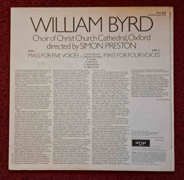 Byrd: Mass For Five Voices; Mass For Four Voices - Choir of Christchurch Cathedral, Oxford, Preston | Vinyl LP, Argo