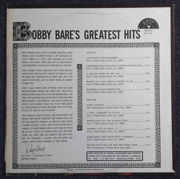 Bobby Bare: Bobby Bare's Greatest Hits | Vinyl LP, Sun